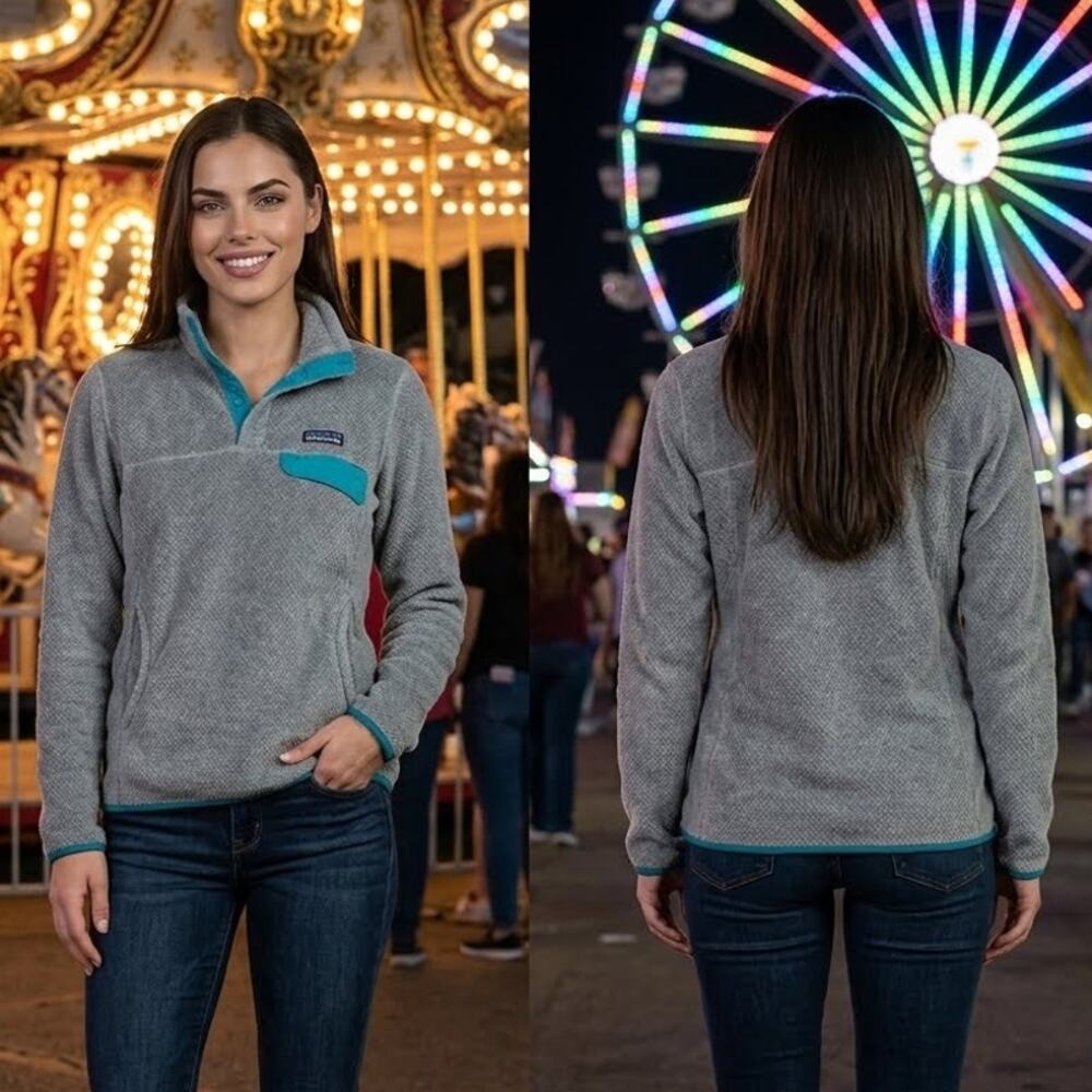 Patagonia Fleece Pullover Gray Teal Quarter Snap Kangaroo Pocket Women’s Medium